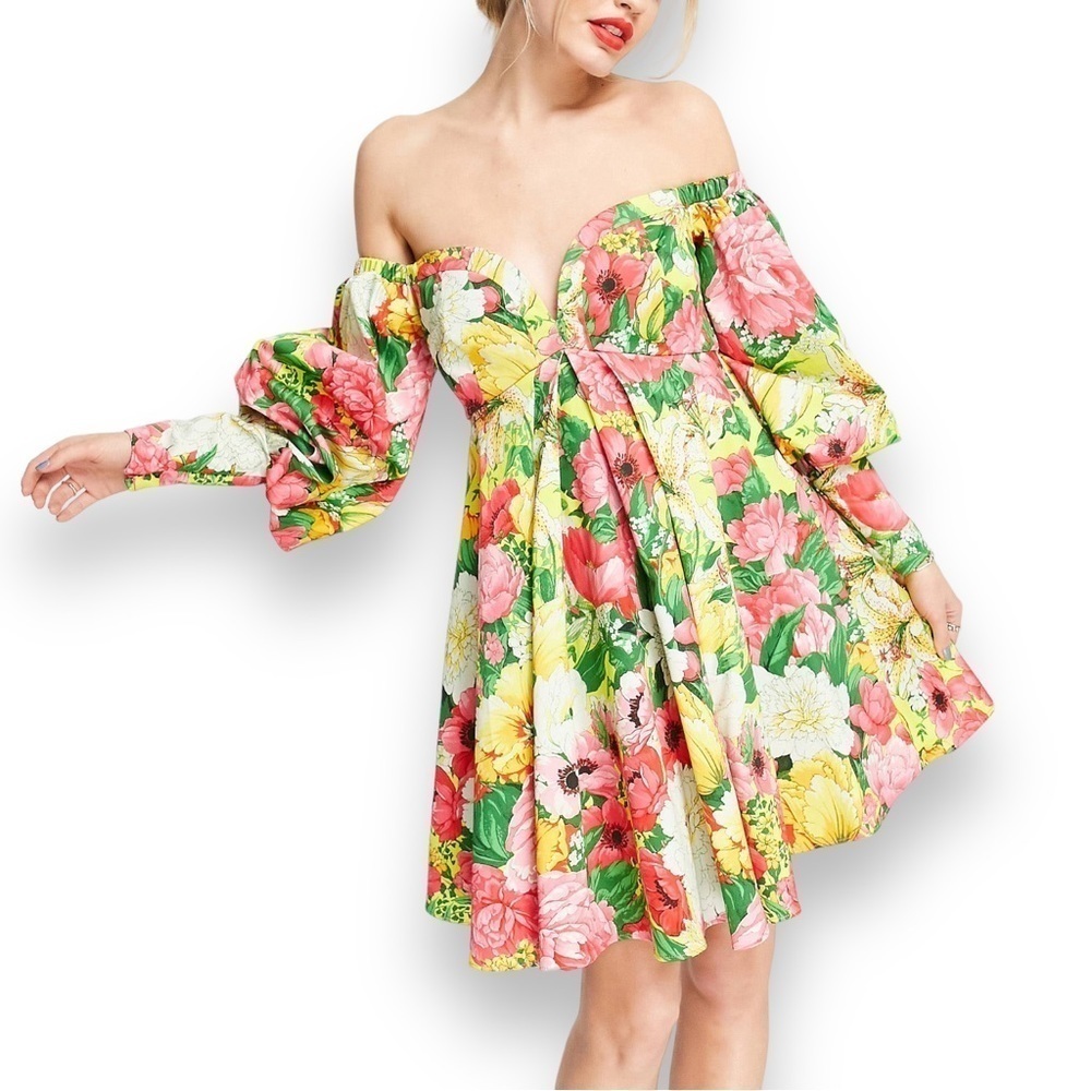 ASOS EDITION OFF SHOULDER MINI DRESS FLORAL PRINTS BALLOON SLEEVE BABYDOLL DRESS